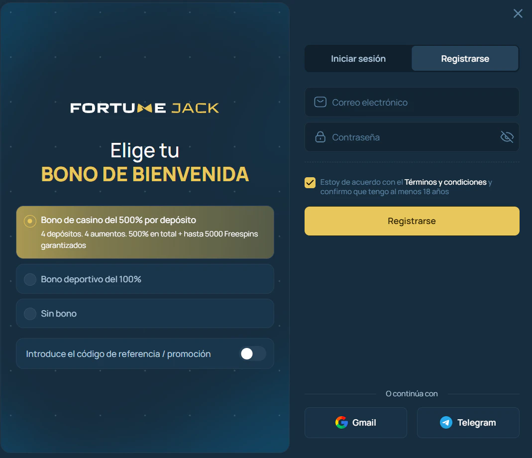 FortuneJack Casino registro e inicio de sesión